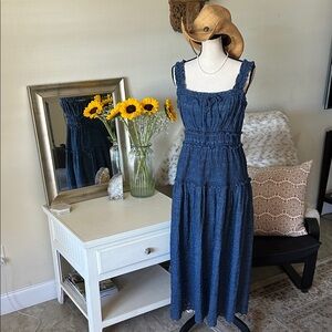 Gap X Doen blue denim eyelet cottage western tiered, ruffle maxi dress M